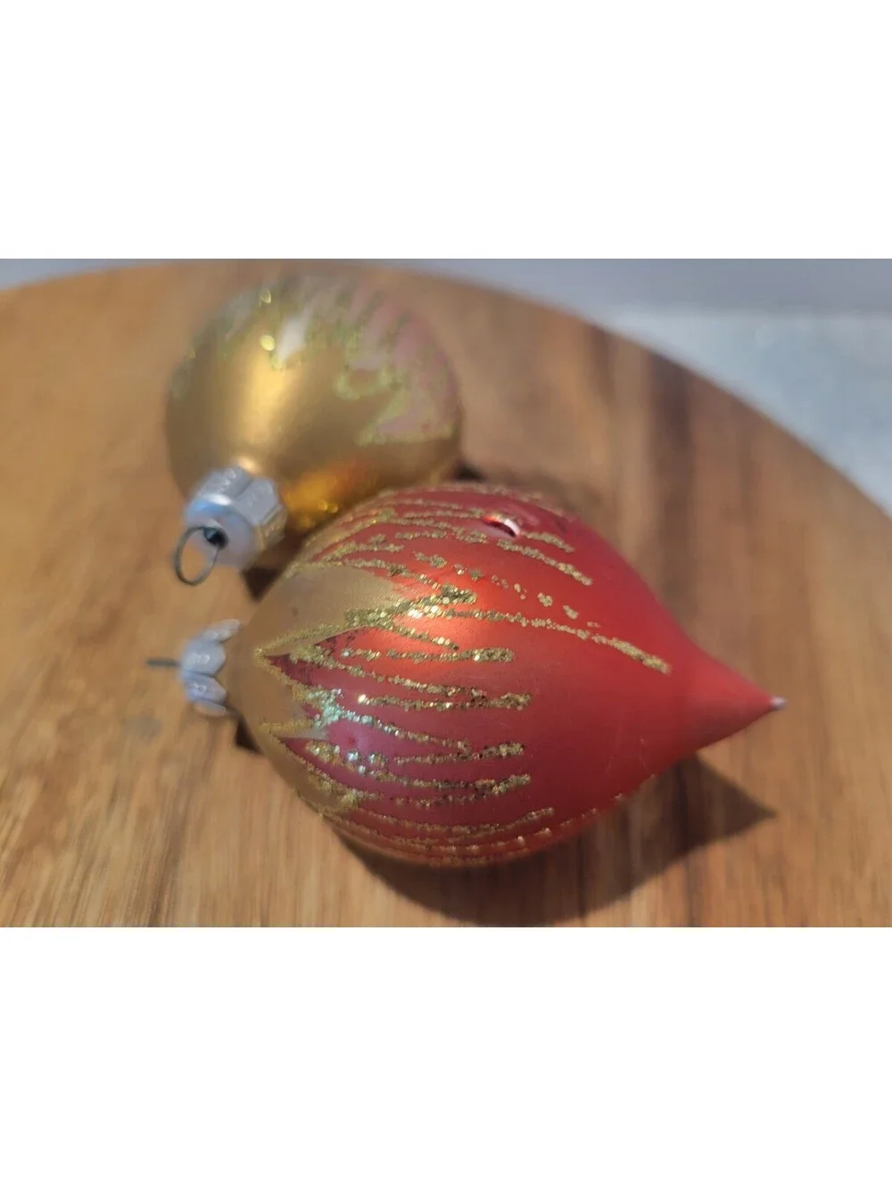2 Vintage Teardrop Blown Glass Hand Painted Mica Glitter Christmas Ornaments 3